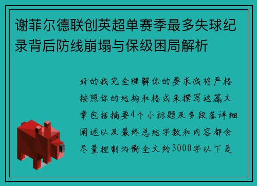 谢菲尔德联创英超单赛季最多失球纪录背后防线崩塌与保级困局解析