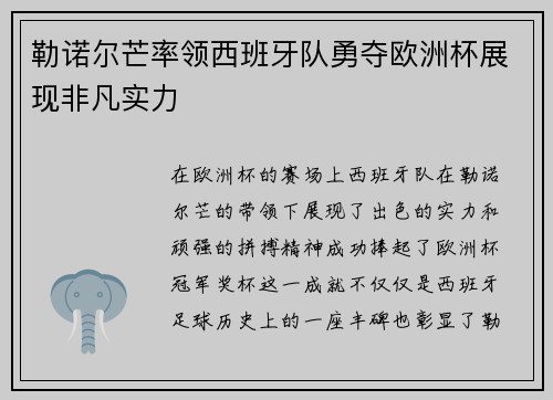 勒诺尔芒率领西班牙队勇夺欧洲杯展现非凡实力