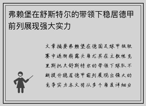 弗赖堡在舒斯特尔的带领下稳居德甲前列展现强大实力